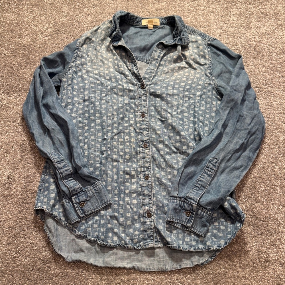 Cloth & Stone Shirt Womens S Blue Geometric Tencel Lyocell Denim Chambray Boho